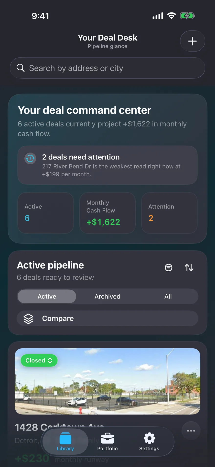 Todelle's Deal Desk on iPhone, showing an active pipeline of six rental deals projecting $1,622 in combined monthly cash flow