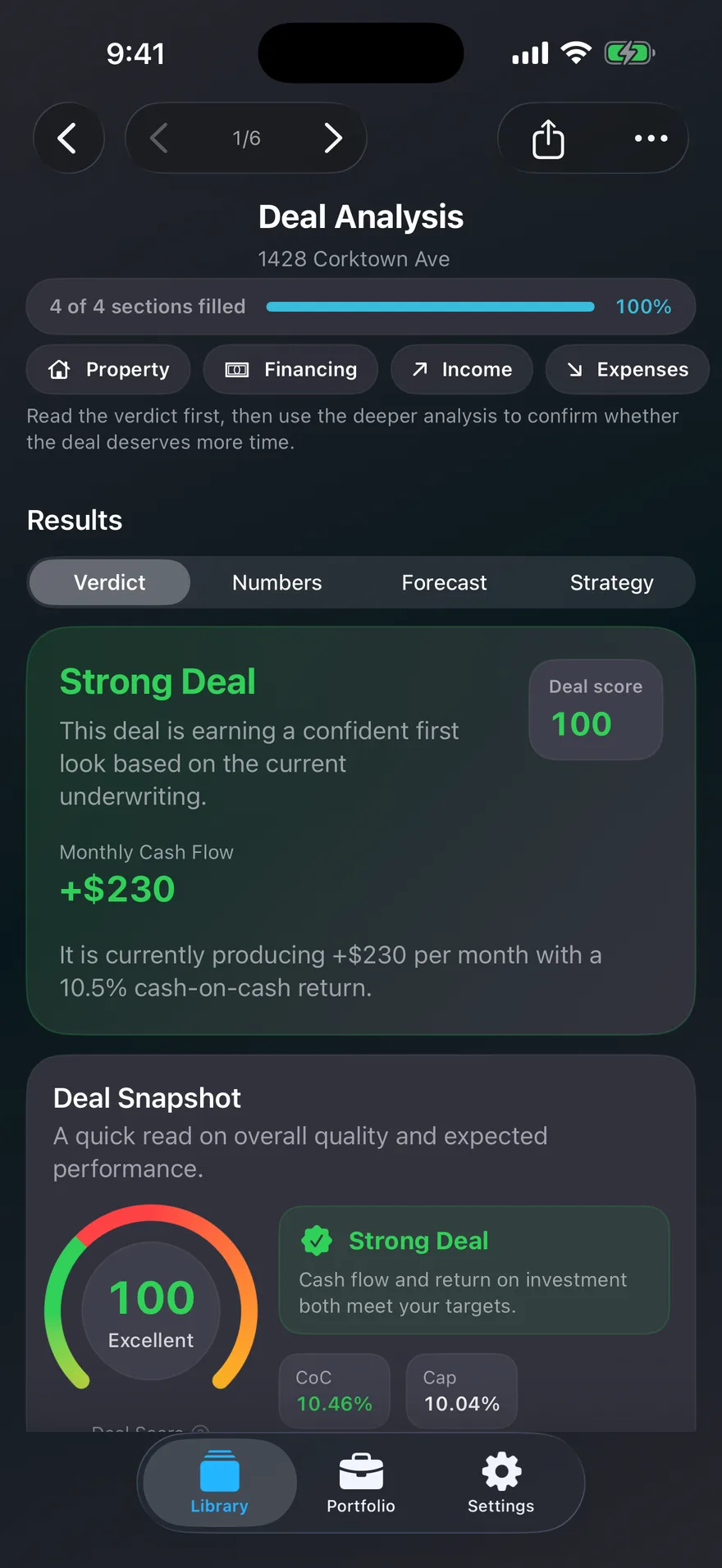 Todelle's deal verdict on iPhone: a Strong Deal rating with a deal score of 100 and $230 monthly cash flow